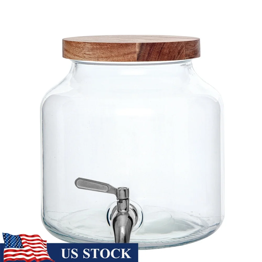 

Leak Proof Beverage Dispenser 5 Gallon Glass Cold Drink Container with Acacia Wood Lid Vintage Style Perfect Parties
