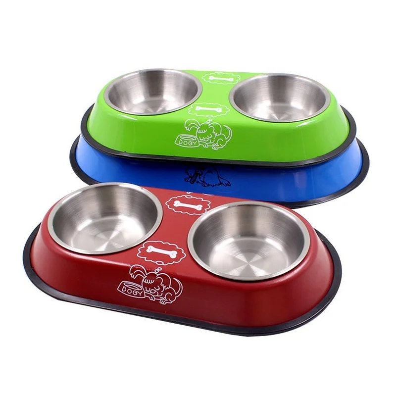 Pet Sainless Steel Feeding Double Bowl Kitten Feeder With Non-Slip Rubber Ring Base Cartoon Cat Feeding Tools Pet Supplies