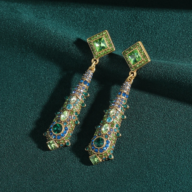 

Vintage Blue And Green Crystal Earrings Pendant Large Tower Shape Designer Antique Gold Color Jewelry Luxury 2026 For Lady Gifts