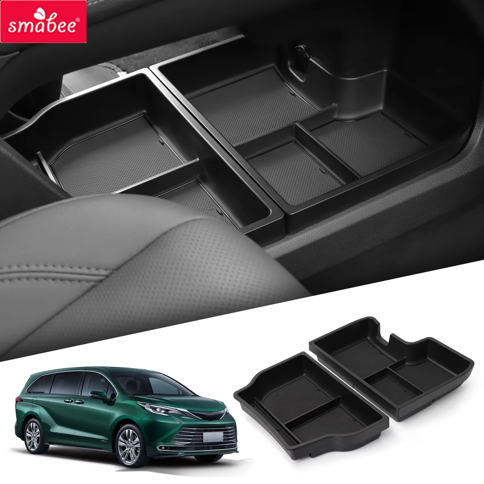 Smabee for Toyota Sienna 2021-2025 Car Center Console Lower Organizer Tray Armrest Insert Interior Accessories Black 2pcs/set