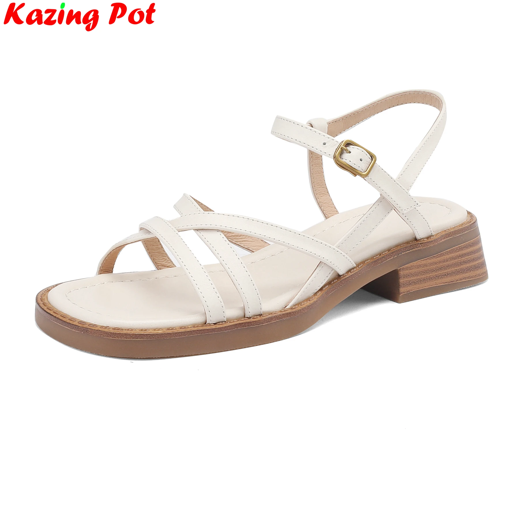 

Plus Size 34-43 Cow Leather Peep Toe Summer Shoes Med Heels Retro Slingback Party Brand Gladiator Concise Modern Women Sandals