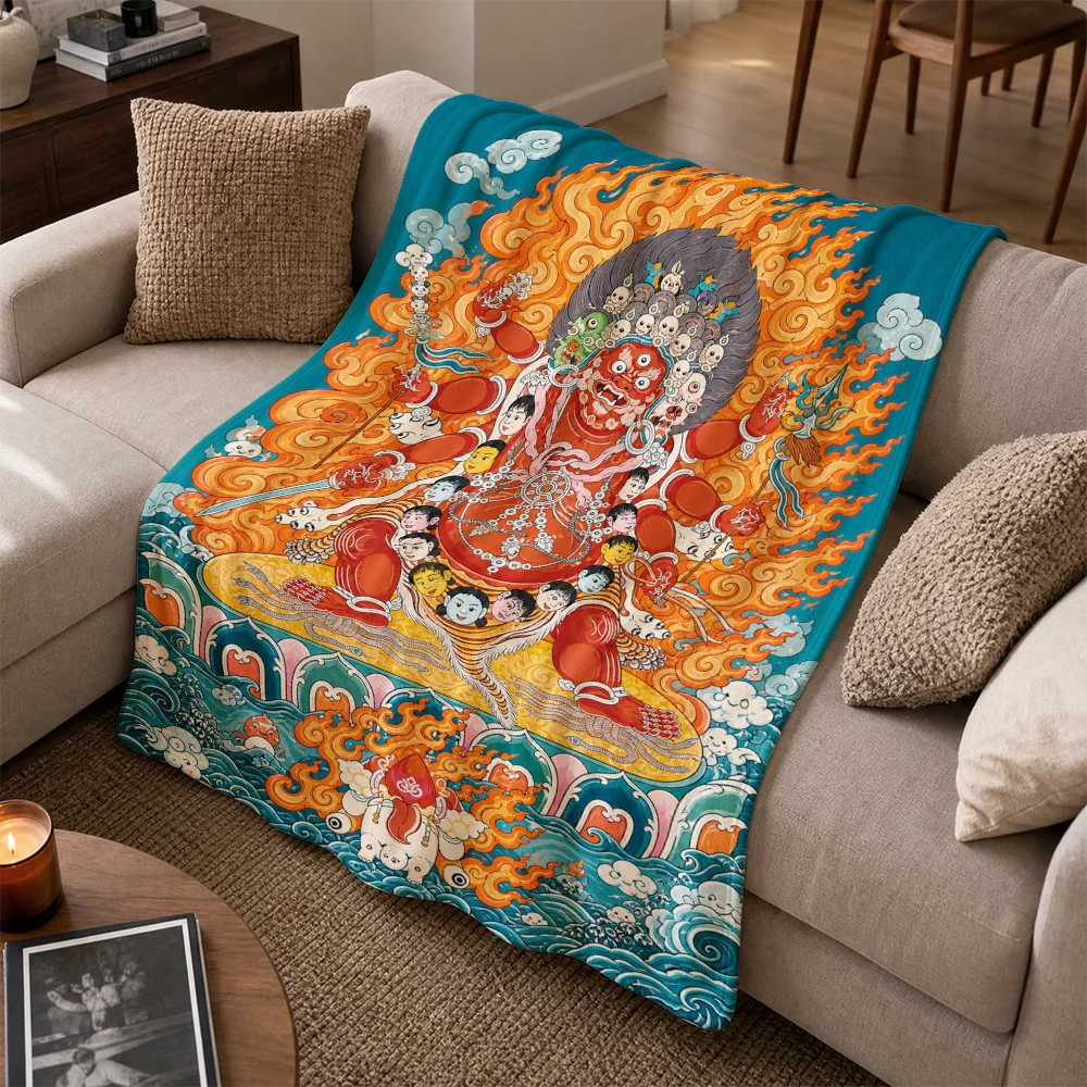 Vibrant Asian Buddha Deity Art Print Throw Blanket for Sofa Couch Decor Oriental Mythology Tapestry Living Room Gift