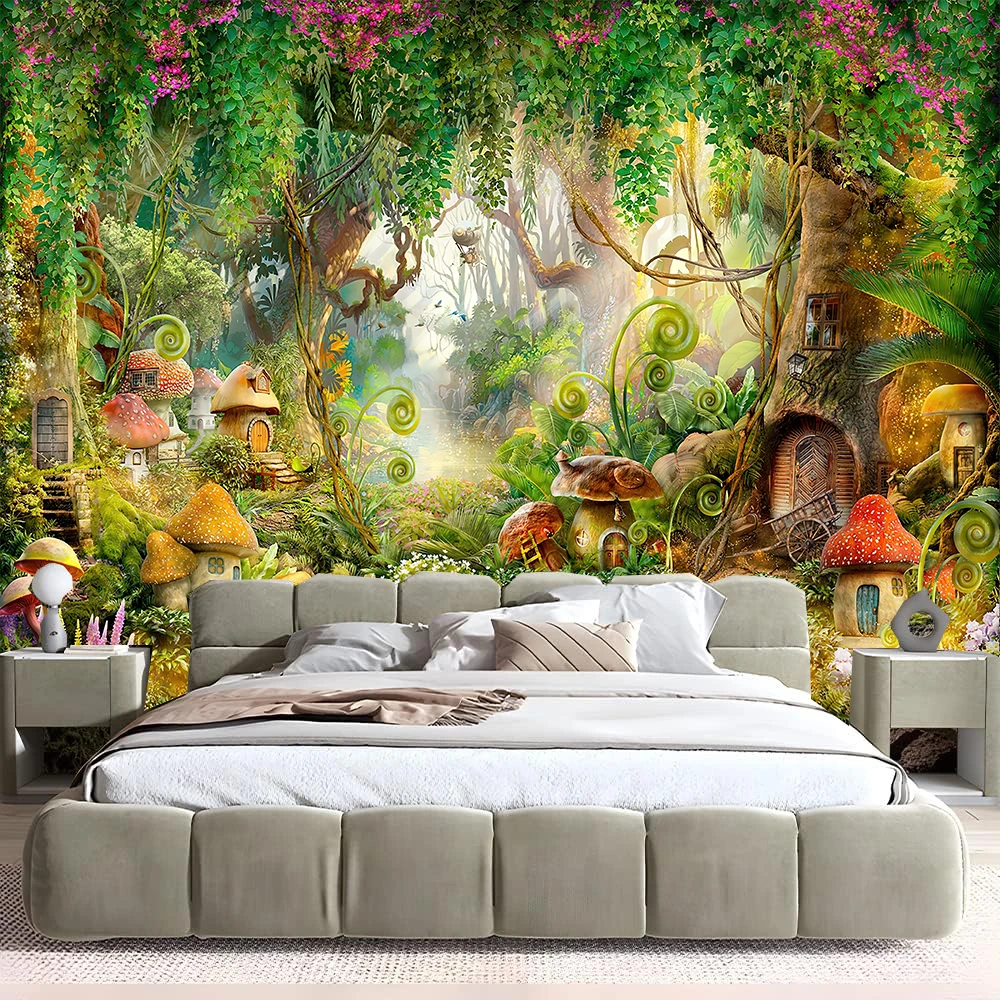 Fairy Tale Forest Tapestry Wall Hanging Fantasy Magic Garden Mushroom Aesthetic Kid Girl Bedroom Living Room Dorm Party Decor