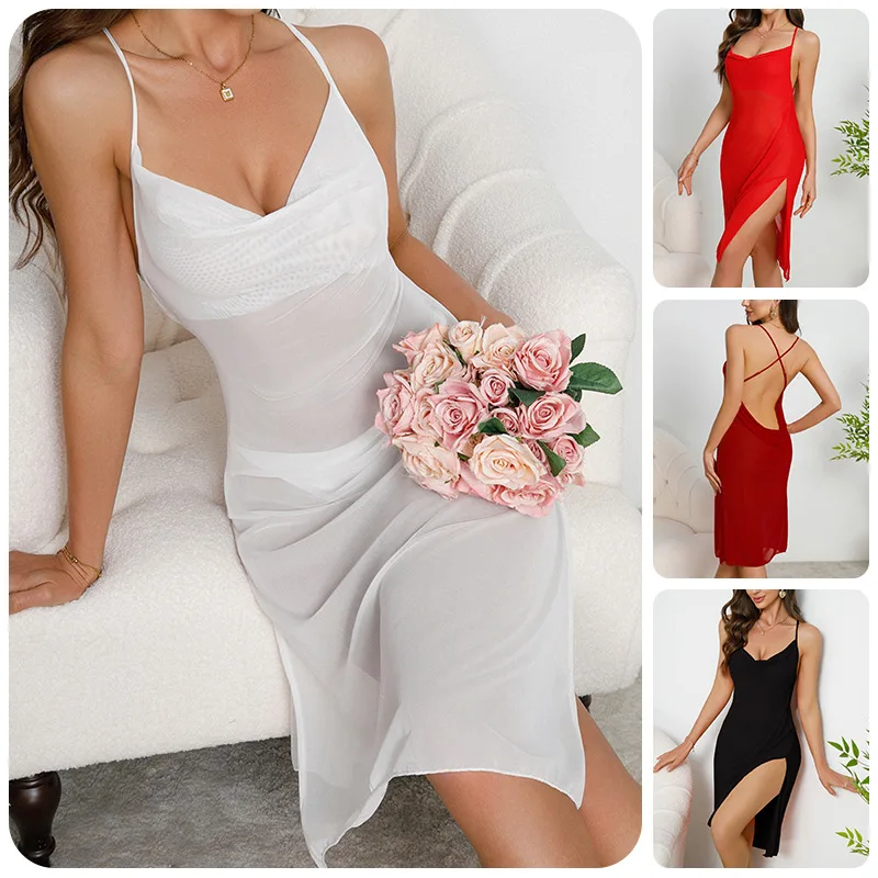 

Backless Cross Strap Side Slit Mesh See-through Home Wear Sexy Deep V Suspender Nightgown for Women