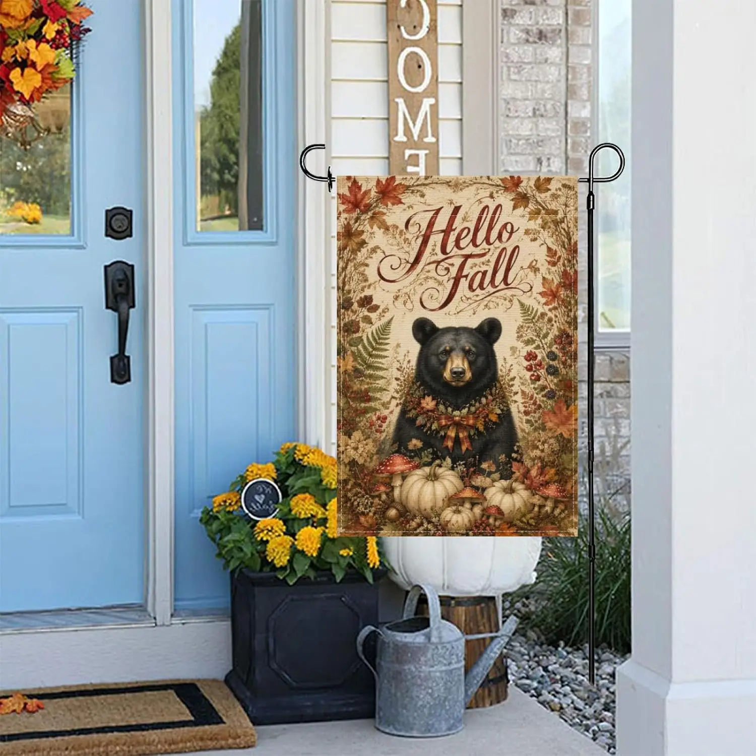 Hello Fall Garden Flag 12x18 Inch Autumn Cute Funny Black Bear Floral Wreath Vintage Rustic Home Farmhouse Outdoor Yard Deco aaz