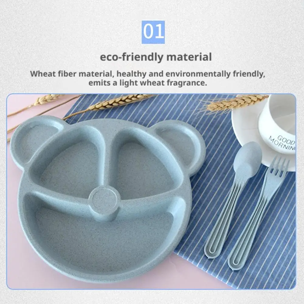 

3 шт., набор детской посуды из пшеничной соломы с медведем, ланч-бокс с отделением и обеденная тарелка, разделенный дизайн для детей в детском саду