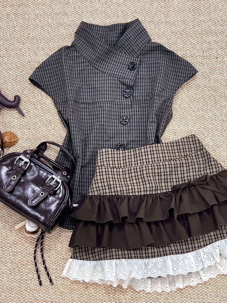 

Vintage Kawaii Japanese Plaid Short Sleeve Ruffle White Trim Tiered 2 Piece Set Women Girls Button Mini Skirt Daily Wear Outfit