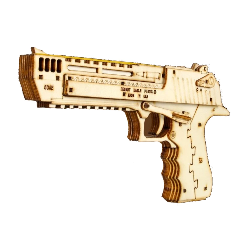 DIY Wooden Gun Shapes Puzzles Model Kit Children Mechanical Construction Desert Eagle Block To Build Elastic Rubber Bands Weapon