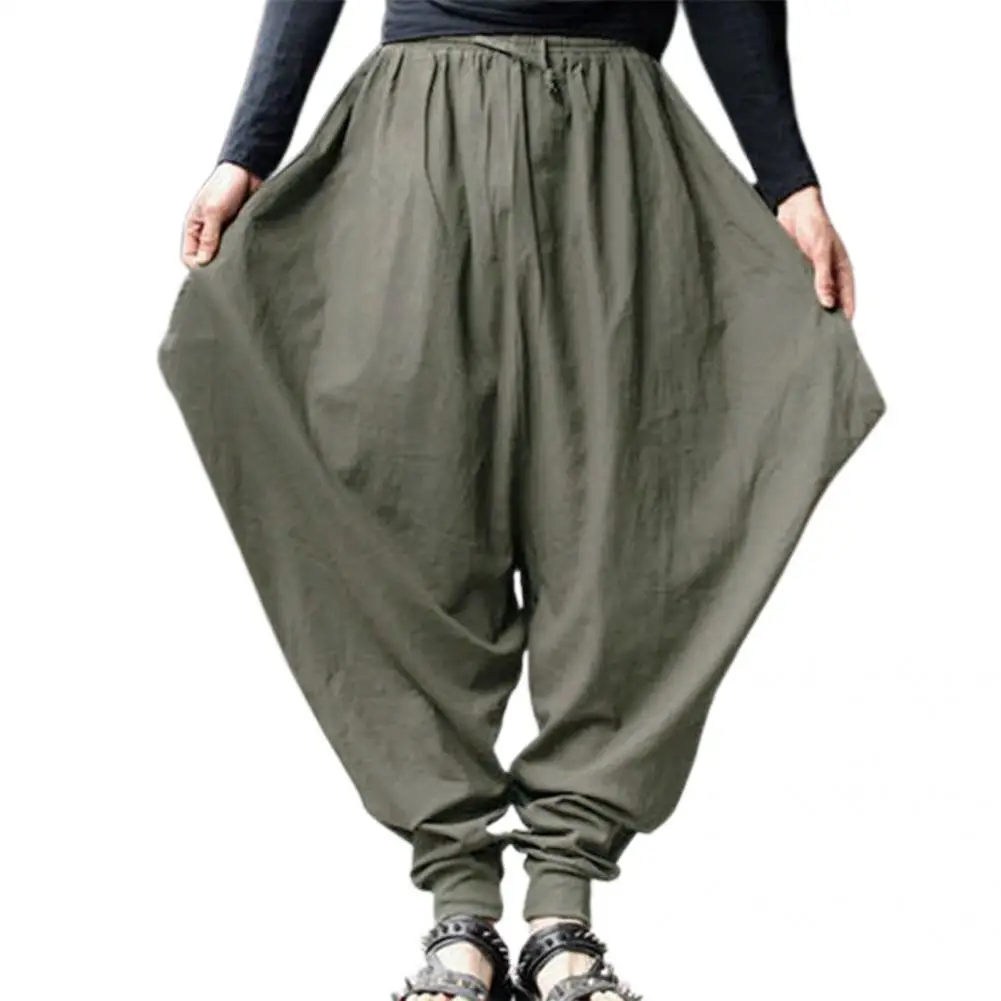 

Simple Elastic Waist Vintage Sweatpants Solid Color Adjustable Drawstring Casual Pants Harem Pants Shrinkable Cuffs