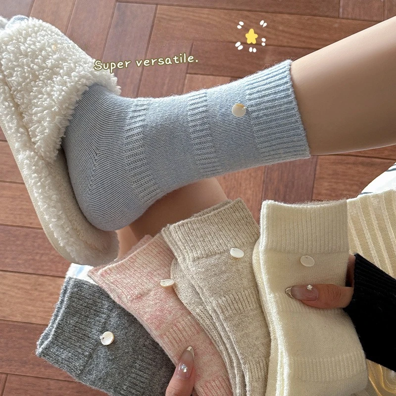 

6 пар шерстяных носков до середины икры для женщин, осень-зима, толстые теплые носки для сна, комплект женских вязаных носков в японском стиле, чулочно-носочные изделия