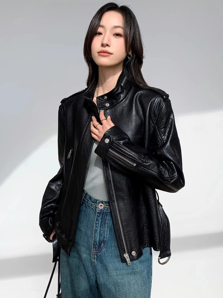 Black Short Genuine Leather Motorcycle Jackets for Women Spring Autumn High-end Simple Bubble Real Sheepskin Coat with Belt