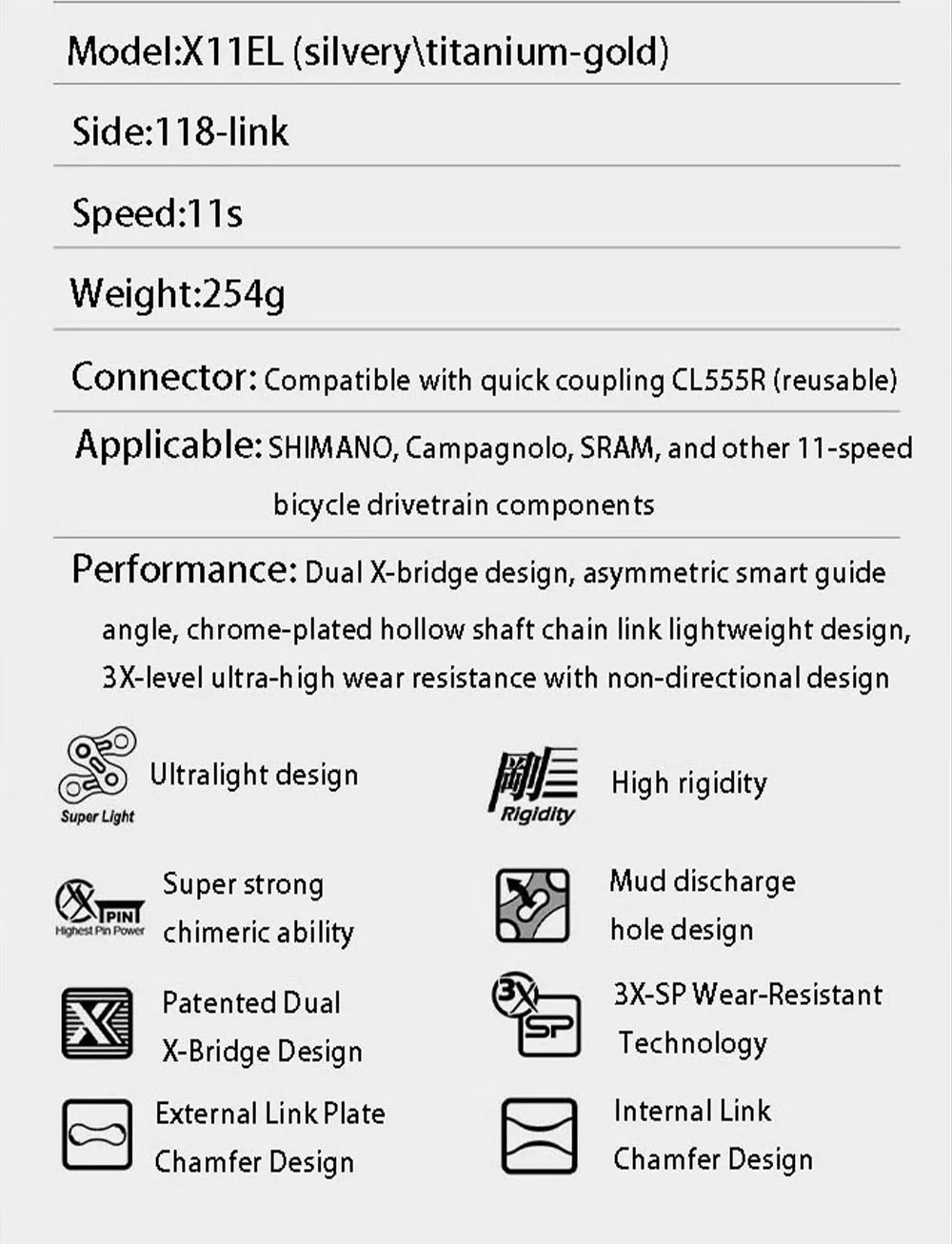 سلسلة دراجات KMC X-series 10\11 سرعة عالمية خفيفة الوزن بتصميم شبه مجوف سلسلة تدريب