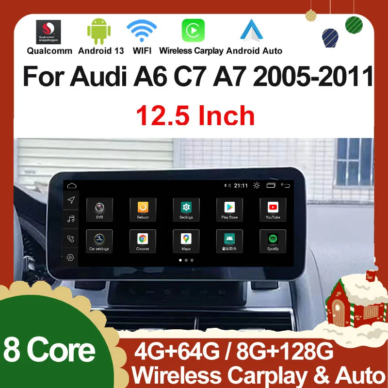 

Android Auto Wireless CarPlay 12.5" 128G Qualcomm 665 GPS Navigation Touch Screen Multimedia Player For Audi A6 C6 2005-2011