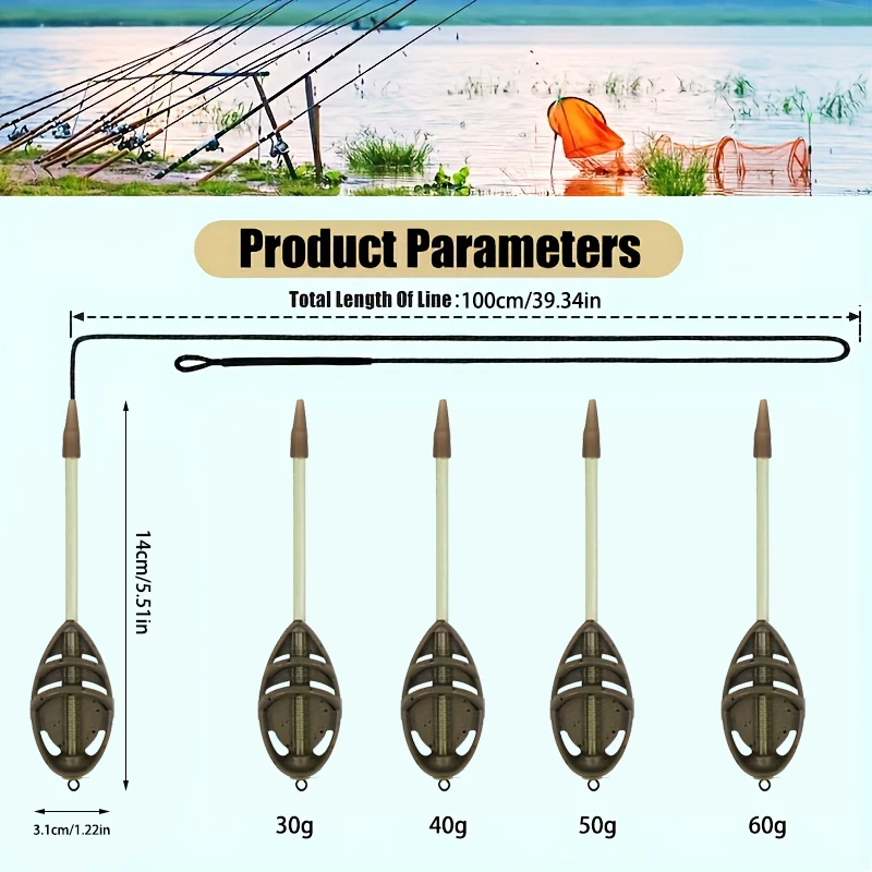 Method Feeder Set with Lead Core Line, 4 Sizes 30g-60g Durable Zinc Alloy Cage, Anti-tangle Carp Feeder for Long Cast Bottom Fis view 5