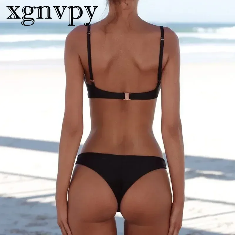 xgnvpy New Summer Sexy Bikini Set Solid Swimsuit Women Swimwear Push Up Bandeau Bandage Beach Bathing Suit Swimwear Resort Wear