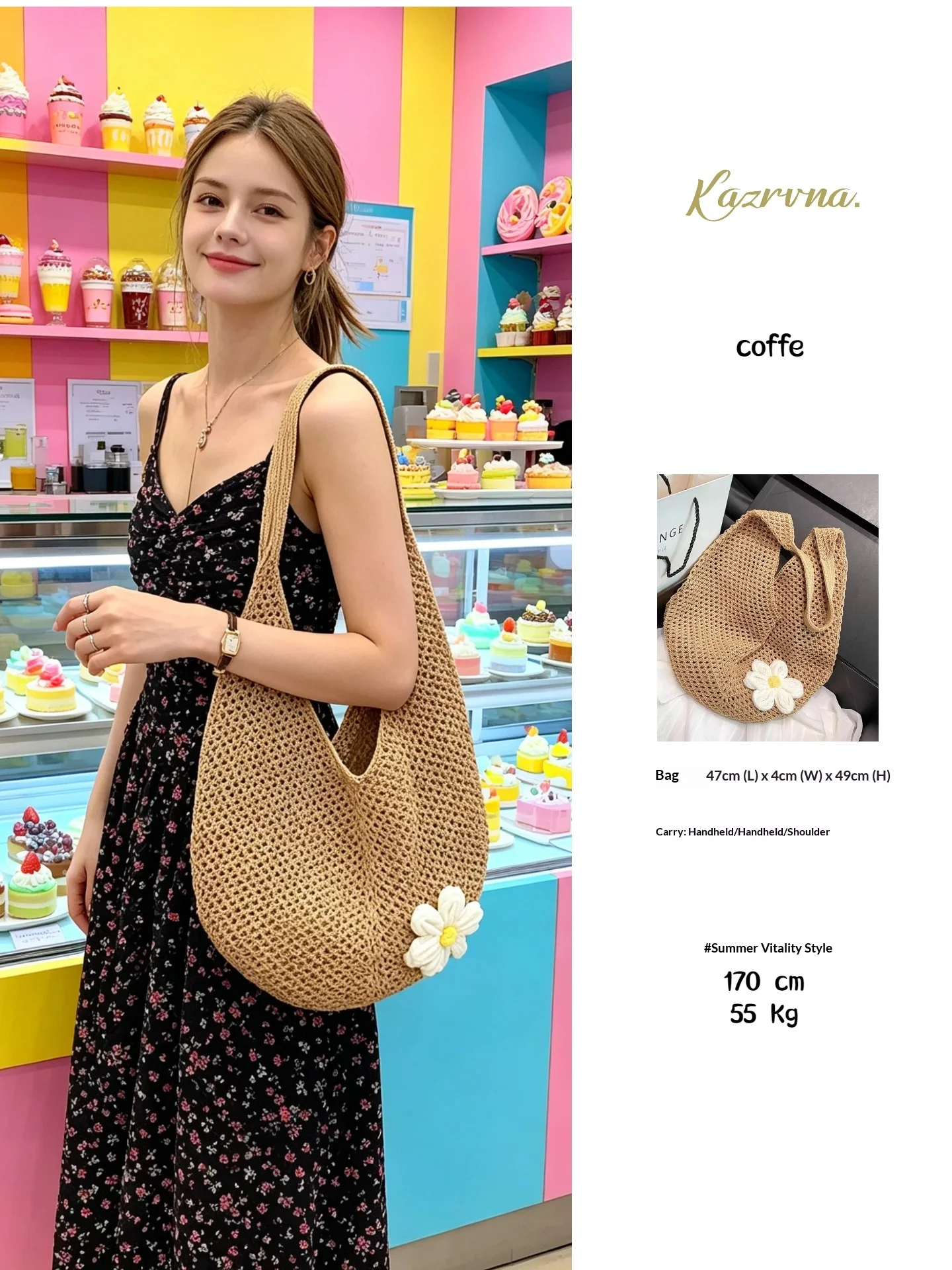 Lazy Instagram-style Hollow Mesh Tote Bag, Woven Korean Version, Summer Beach Vacation Floral women‘s Shoulder Bag