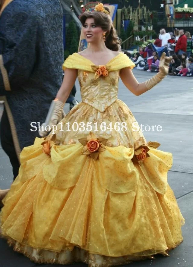 Fantasy Princess Victoria Prom Party Dress Elegant Gold Strapless Applique Ruffles Princess and the Beast Masquerade Ball