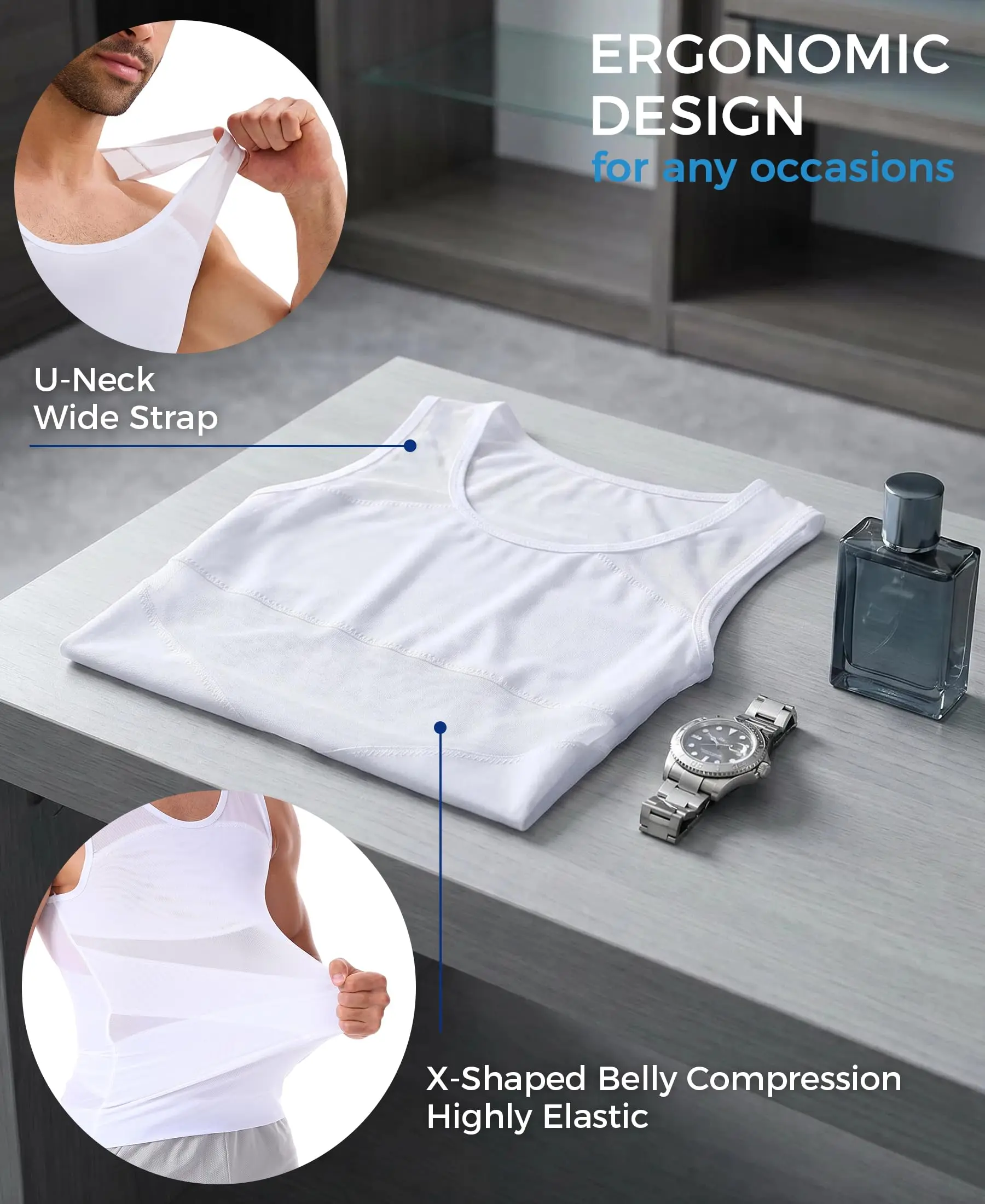 Shapershark Herren Kompressions-Shirt Schlankmachende Körperformer-Weste Gynäkomastie-Unterhemd Bauchkontrolle Shapewear Tanktop – Detail 10