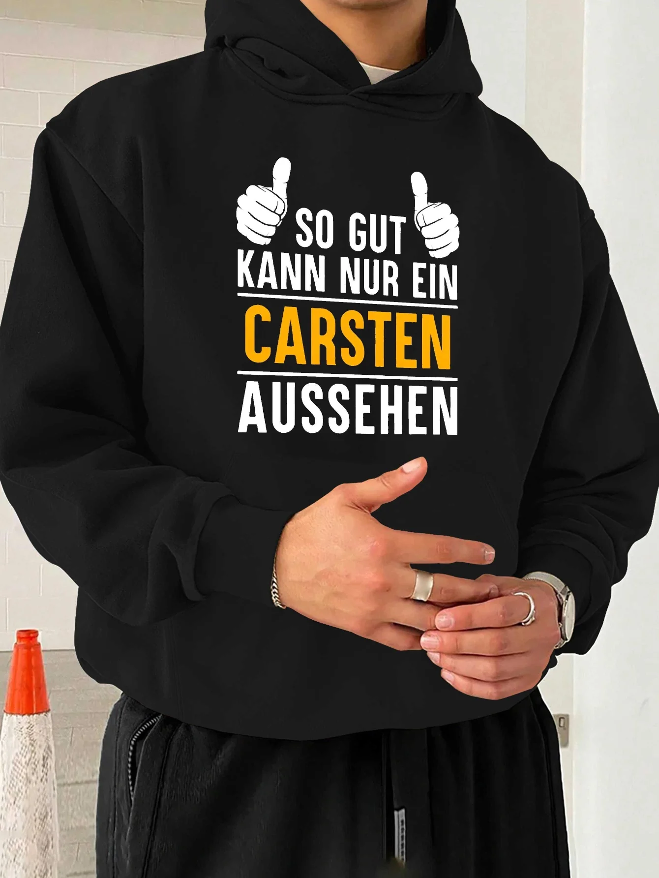 

Attractive German proverbial saying "Kasten" men's hooded sweater, artistic inspiration graphic design, neon print Crosswarm
