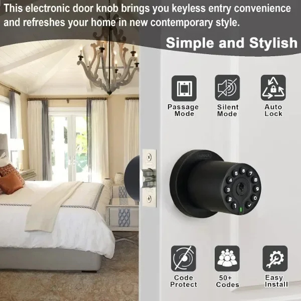 IU-20 Code Door Lock, Electronic Door Knob with Keypad and Key, Auto Lock, Waterproof, Passage Function, Long Battery Life