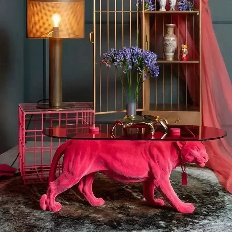 Modern Simple and Light Luxury FRP Animal Tea Table Pink Leopard Tempered Glass Tea Table