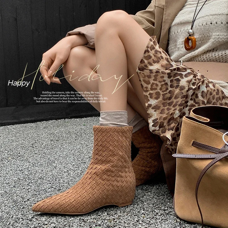 2026 new autumn winter women ankle boots 22-25cm Suede fabric weaving pointed toe height increasing short boots 3 colors