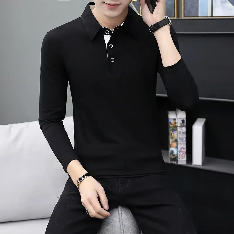 Men Long Sleeve Polo Shirt Solid Cotton Spring Autumn Collar Tee Black White Plain Base Layer Top