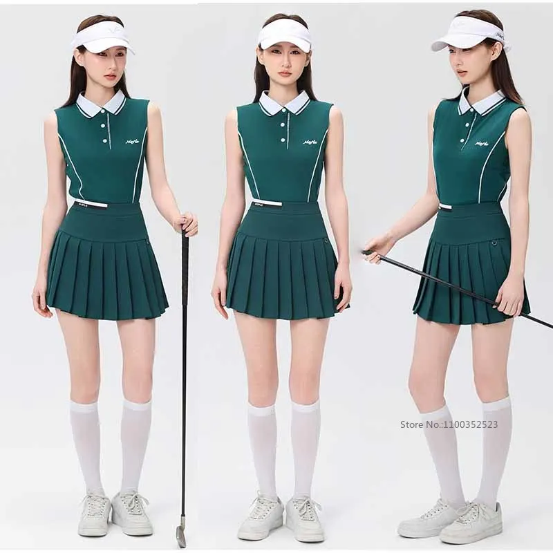 Niefle Summer Golf Wear for Women Sleeveless Lapel Shirt High-waist Pleats Skort Lady Quick-dry Polo Tops Golf Skirts with Short