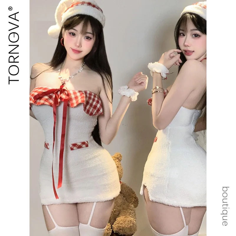 

Рождественское милое платье Tornova без бретелек, тонкое облегающее платье, лоскутное женское интересное романтическое праздничное платье, элегантный комплект