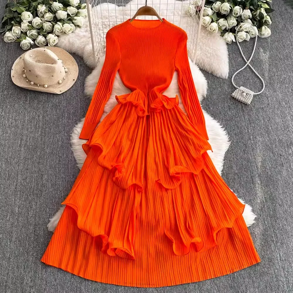 Elegant Oversized Long Sleeve Pleated Draped Women O-Neck Ruffles High Sretch Party Robe Vestidos Ladies Spring Summer Clothing