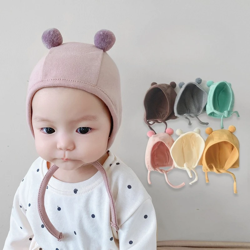 

Сплошная цветная шапка для защиты ушей для новорожденных мальчиков и девочек, милая кавайная шапка для новорожденных, ветрозащитная теплая шапка со шнуровкой для малышей