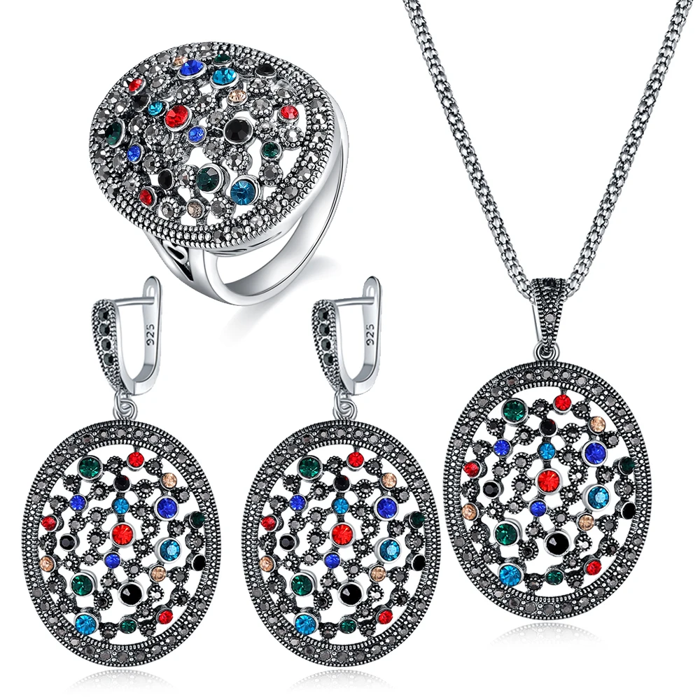 

Ajojewel Colorful Rhinestone Jewelry Sets For Women High Quality Oval Shape Ring Earrings and Pendant Necklace Retro Items