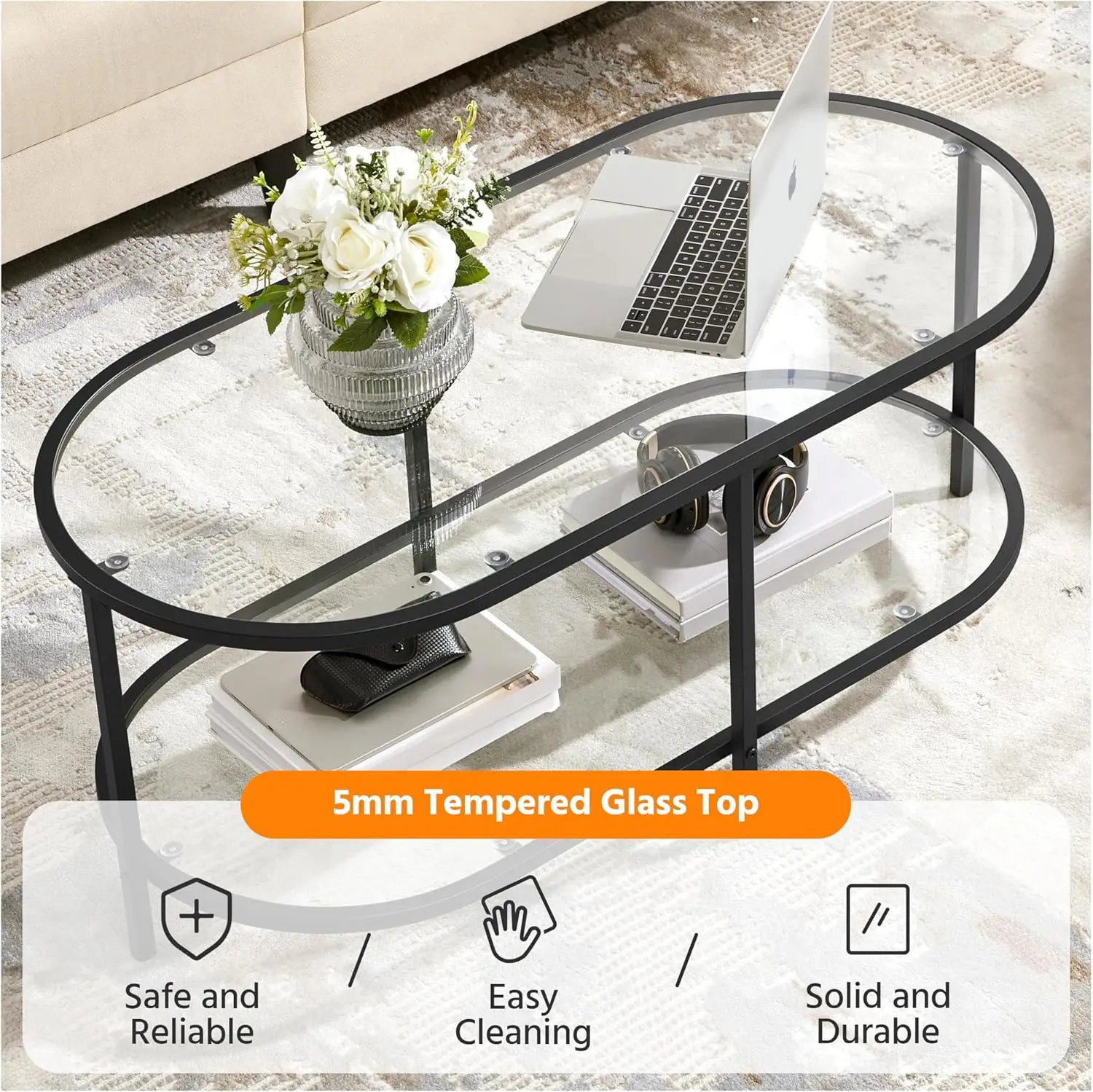 Glass Coffee Table Black Small Coffee Table for Living Room 2-Tier Modern Center Tea Table with Storage Shelf for Small Space