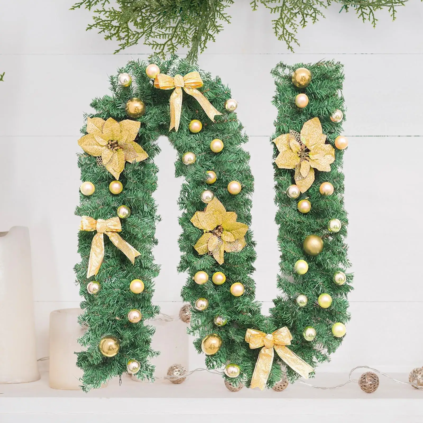 8.8ft Christmas Garland Artificial Wreath Xmas Decoration Hanging Ornament for Fireplace Housewarming Indoor Outdoor Holiday