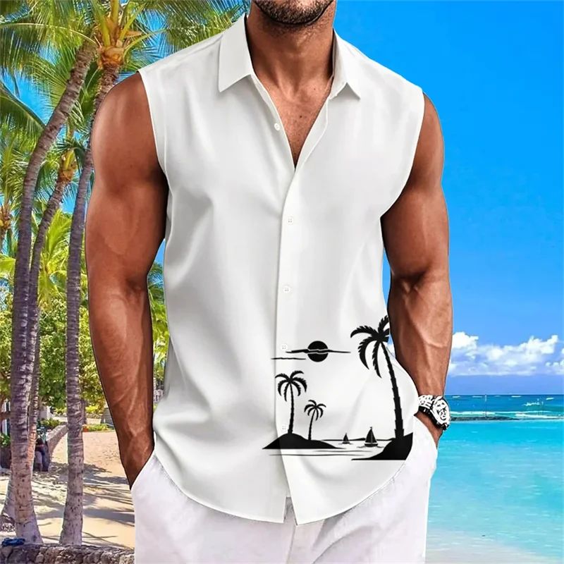 Men's Outdoor Simple Casual Sleeveless T-Shirt Summer Cool Breathable Shirt Hawaiian Beach Travel Vacation Top
