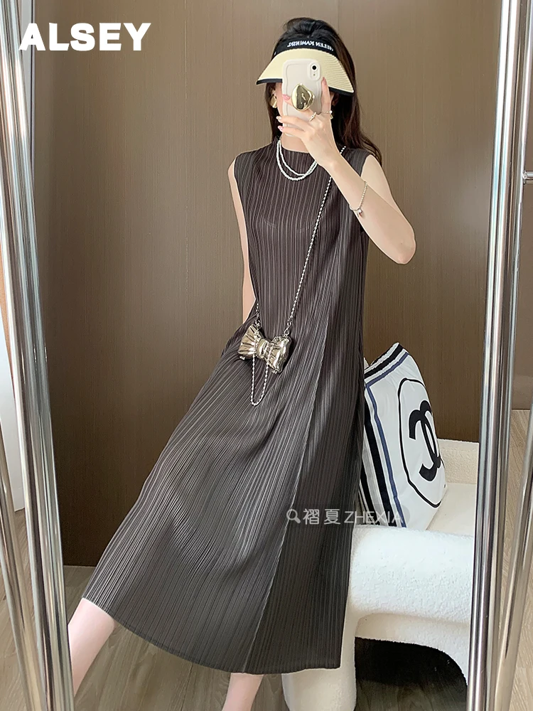 

ALSEY Miyake Pleated Women's Y2K Dress Sleeveless Loose Large Size Thin Slim Temperament Pleated Skirt Dresses for Women 2023