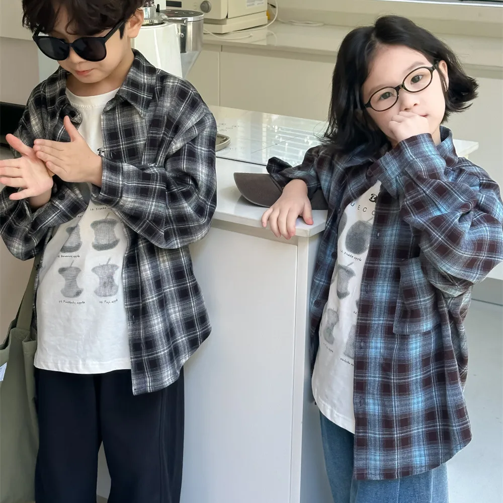 2024 Autumn sibling clothes Korean style Boys and girls Flocking plaid shirts Children\'s casual all-match loose long sleeve Tops