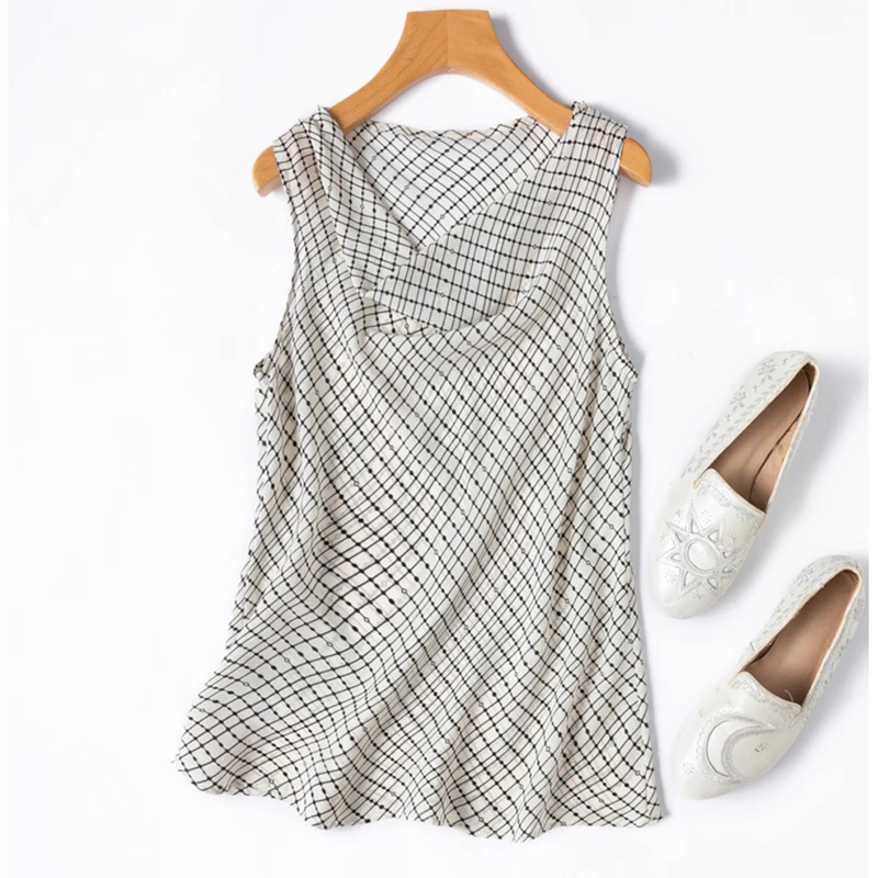 

Women Silk Tank Top 100% Mulberry Silk Crepe Silk Checked Cowl Neck Vest Sleeveless Shirt Summer Beach M1418