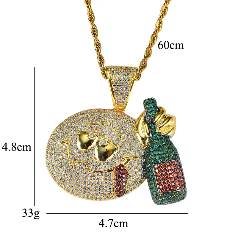 Hip Hop Micro Paved AAA Cubic Zirconia Bling Iced Out Drinking Expression Pendants Necklace for Men Rapper Jewelry