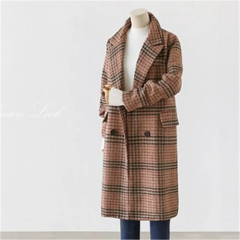 Women's Winter Oversize Lapel Collar Woolen Plaid Double Breasted Long Peacoat Jacket