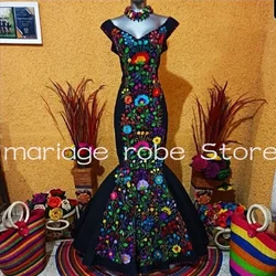 Black Mermaid Mexican Charro Wedding Dresses Day of the Death Floral Lace Embroidery Trumpet Bridal Outfit Gown