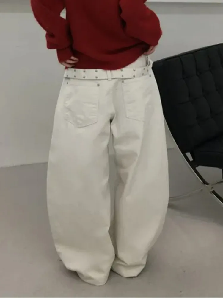 

Женские широкие джинсы с заклепками и поясом, с высокой талией, в корейском стиле, повседневные, модные, новинка зимы