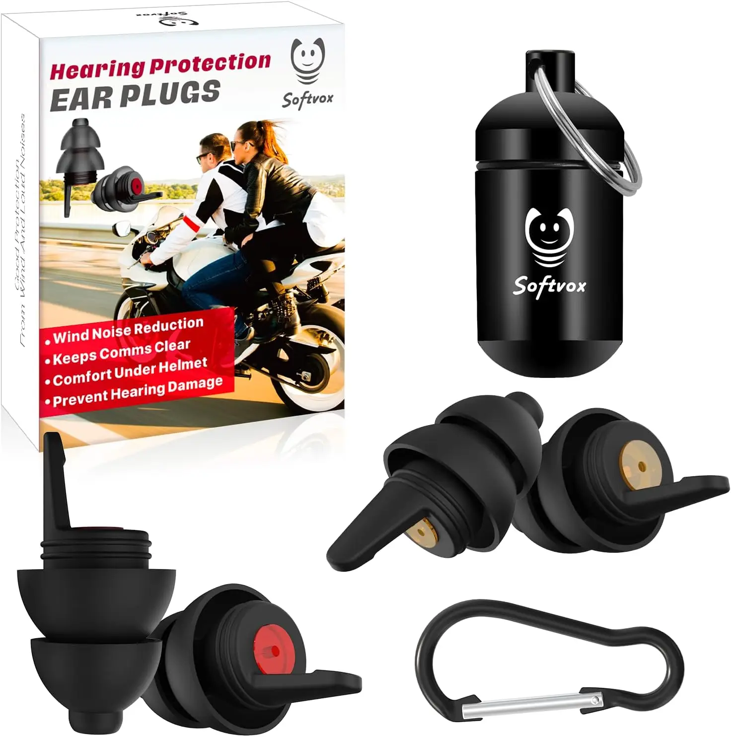 

Wind Noise Reduction Ear Plugs for Motorcycle Riding, 2 Pairs Reusable Hearing Protection, 25dB NRR, Soft Silicone with Case