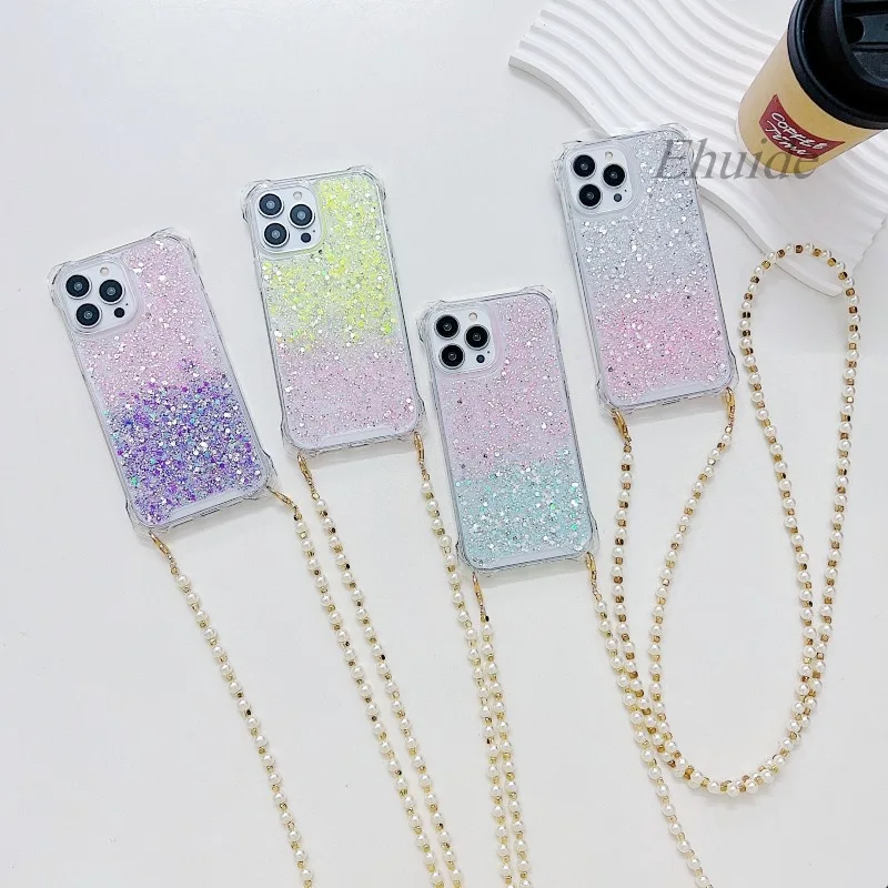 Glitter Pearl Strap Case For Samsung Galaxy A55 A54 A15 A34 A14 A53 S22 S24 S23 Ultra Four Corners Crossbody Long Lanyard Cover image 5