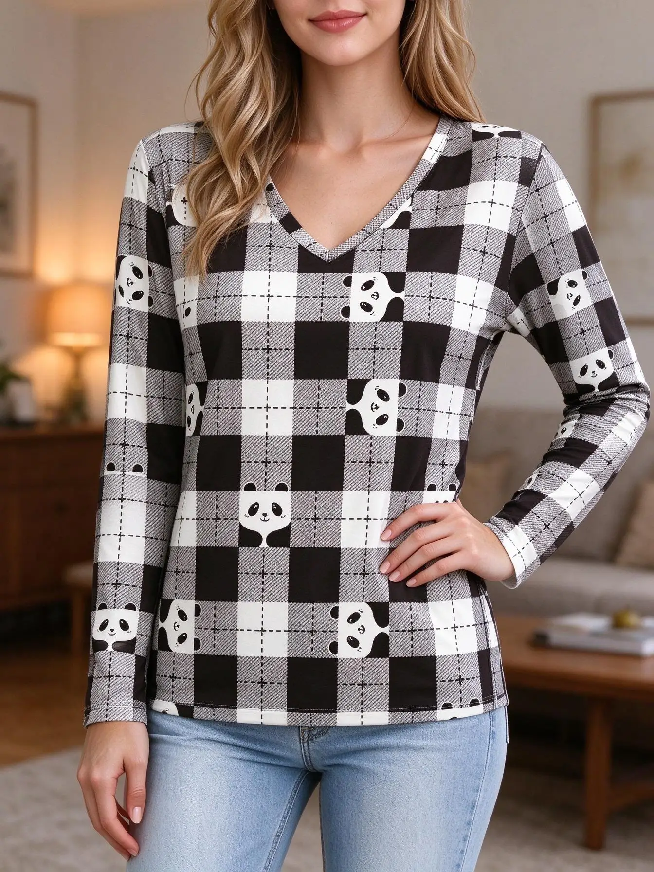 Women V Neck Long Sleeve Plaid Cute Panda Print Casual Daily Top