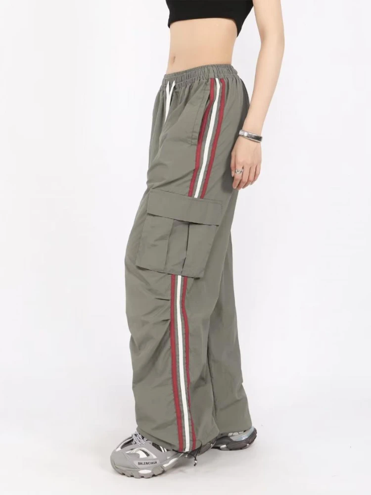 QWEEK Y2K Cargo Pants Women Baggy Vintage High Waist Stripe Sweatpants Casual Loose Drawstring Parachute Wide Leg Jogger Pants