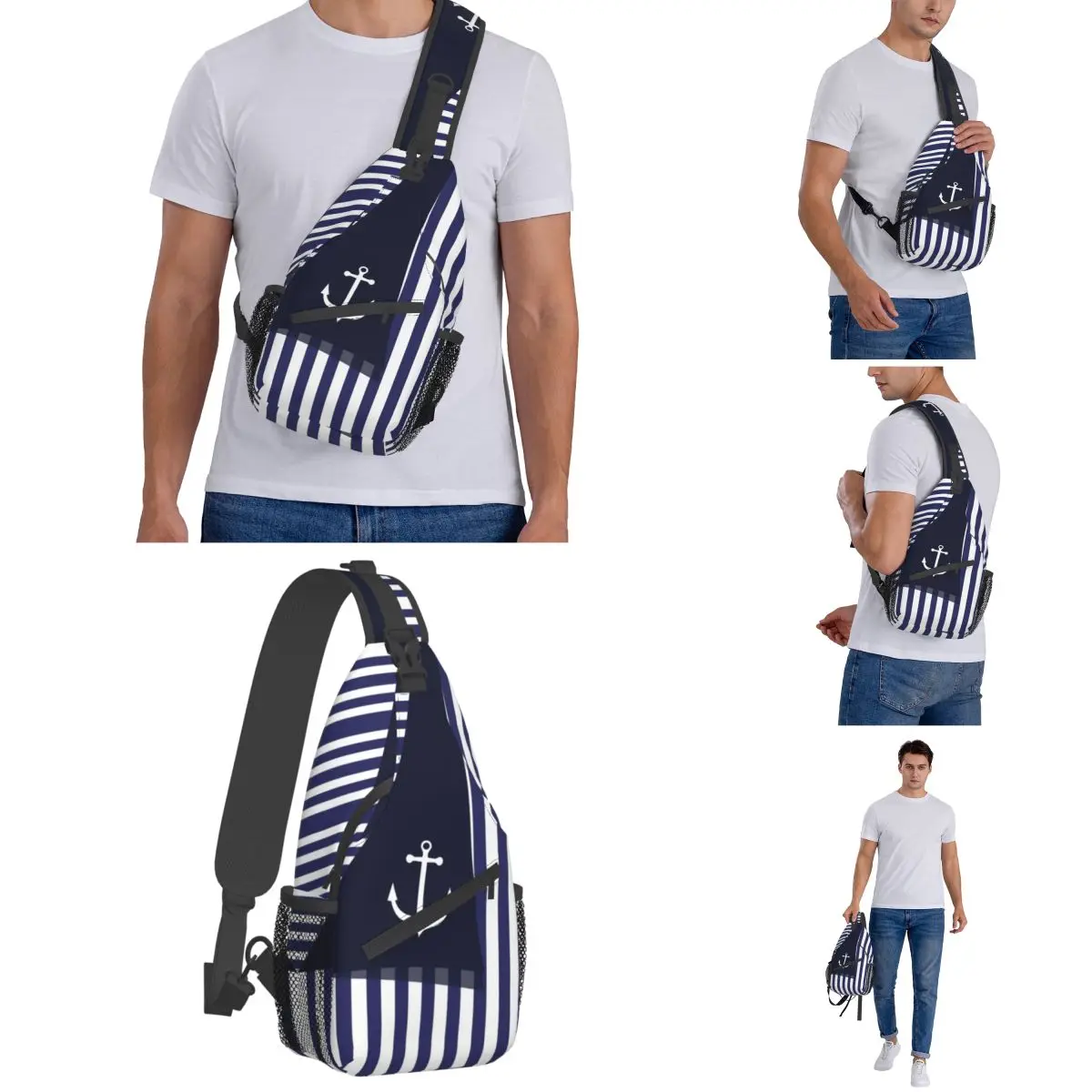 Marinheiro Stripes Âncora Pequenos Sling Sacos Peito Crossbody Ombro Sling Mochila Caminhadas Viagem Daypacks Leme Marinha Vela Marinha