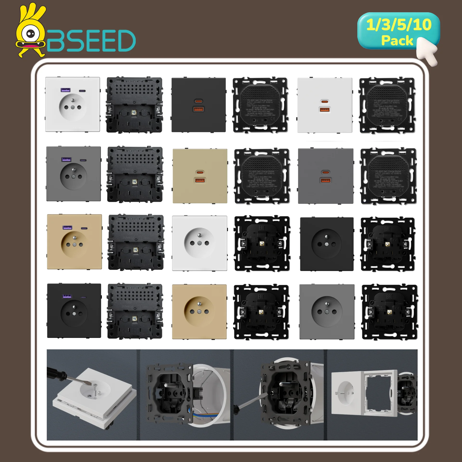 BSEED French Socket Module USB Phone Charge Socket Parts Wall Poland Plug Key Insert Plastic Frame Combination EG Series DIY