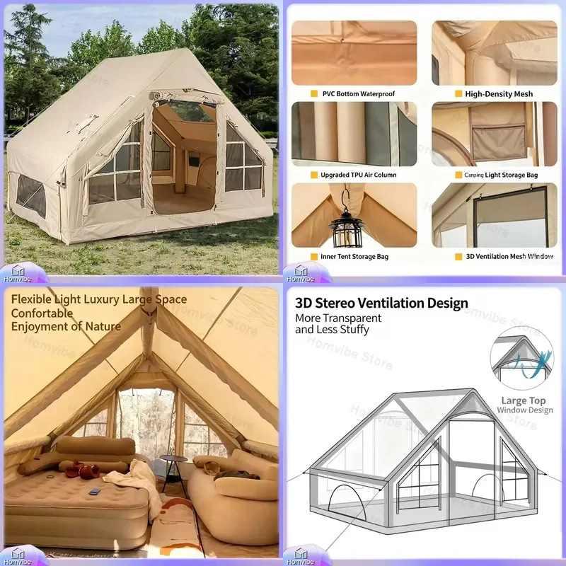 Four Seasons Portable Inflatable Camping Tent Single Layer PVC Coated Oxford Cloth 3000mm Waterproof Rainproof Mesh Outdoor
