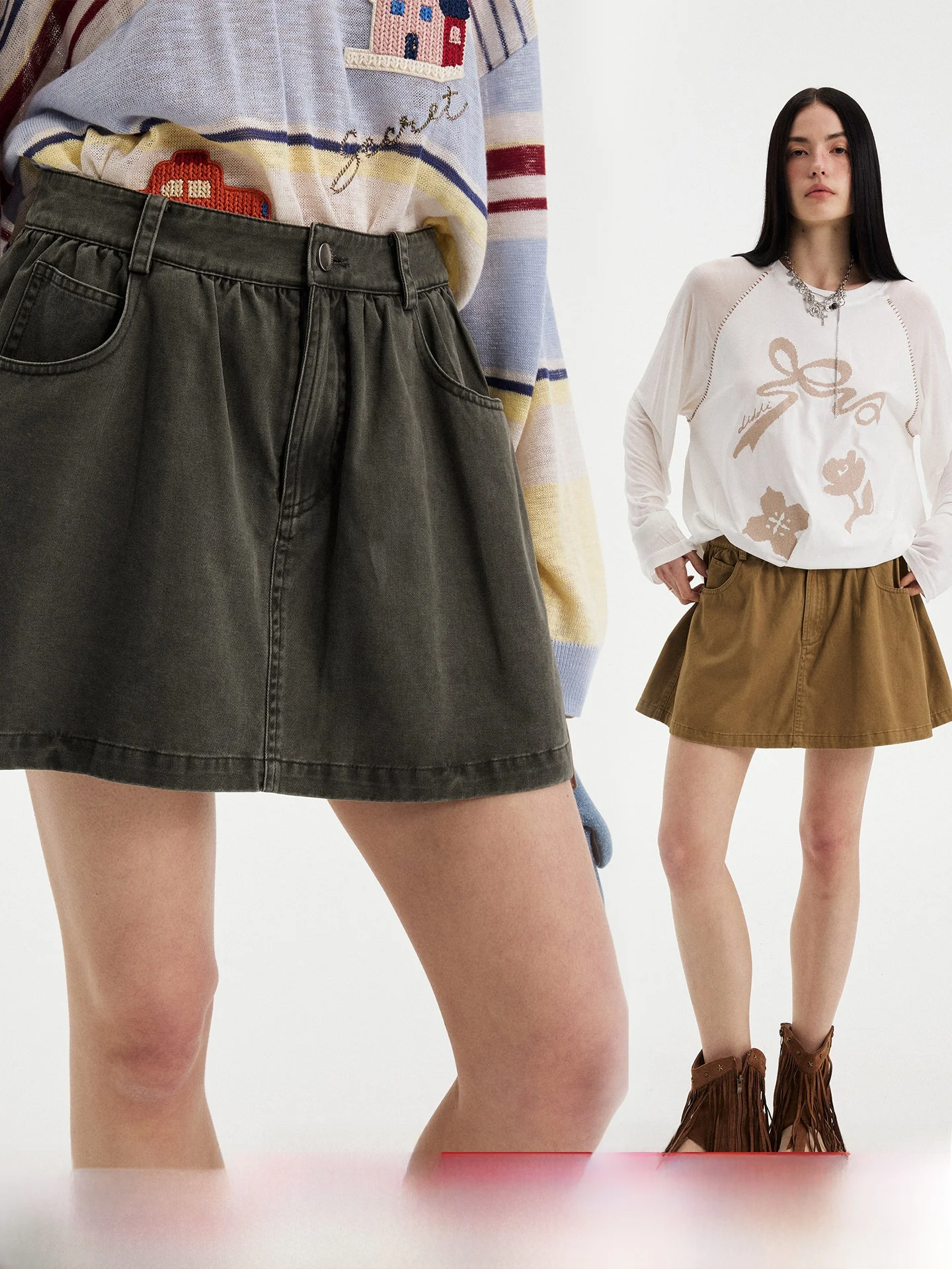DIDDIMODA Low Waist A-Line  Skirt Women's Summer 2026 New Vintage Washed Pleated High-End Feeling Polyester Blend Skirt